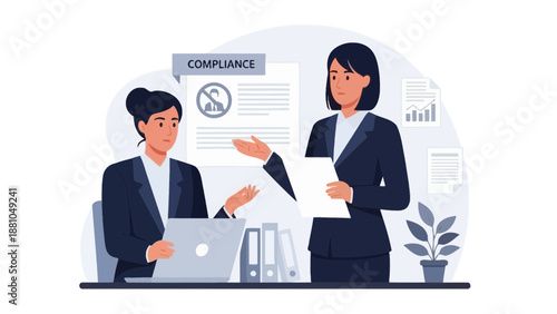 Businesswomen discussing compliance, rules, and regulations in office setting.