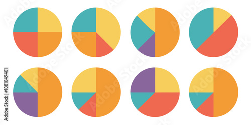 Collection of eight colorful pie charts arranged in two rows on white background, representing data visualization, statistics, analytics, business reports, presentations, infographics, and information