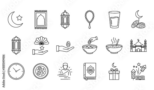 Ramadan fasting and iftar outline icon collection