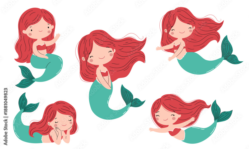 Fototapeta premium A collection of flat vector illustrations. A cute mermaid with red hair in different poses. . Vector illustration