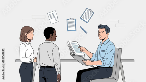 Diverse team collaborating on documents in a modern office setting