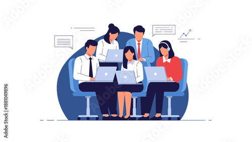 Diverse team collaborating on laptops in a modern office meeting, business concept