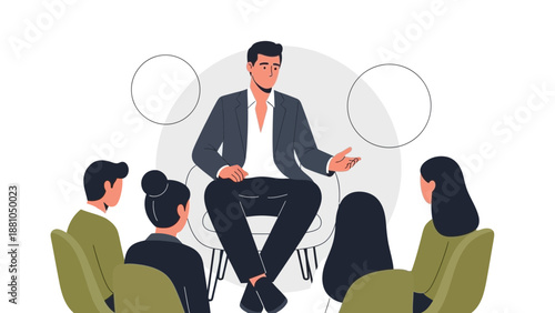 Group Therapy Session: Leader Talking to Diverse People in Circle