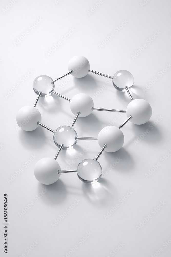 Obraz premium Clean white molecular structure model with interconnected opaque and transparent spheres on minimalist white surface, chemical concept, science visualization, modern scientific design.