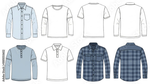 Collection of various shirt styles and designs displayed from different viewpoints