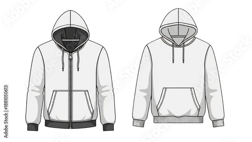 Detailed illustration of hooded sweatshirts front and back views displayed side by side