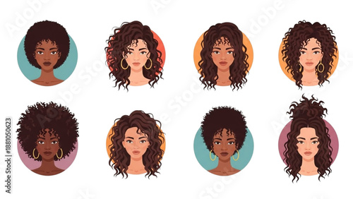 Diverse women with curly hair portraits in circular frames