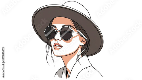 Illustration of a woman wearing sunglasses and a hat, showcasing modern style and elegance from a front view.