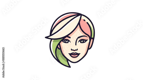 Illustration of a woman's face with vibrant hair colors from a front view