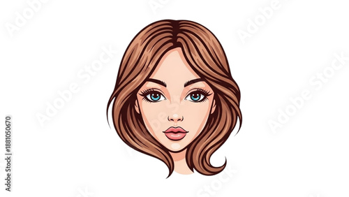 Illustration of a woman's face with blue eyes and red lips on a white background from a front view