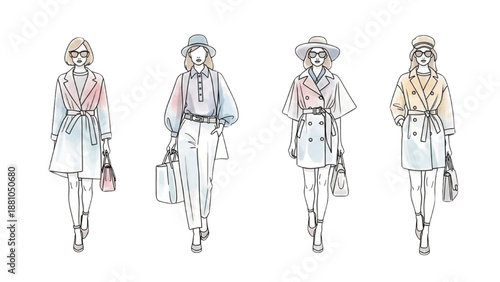 Fashion illustration of women walking with accessories from a front viewpoint