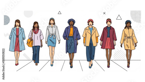 Diverse women walking together in stylish outfits on a modern street