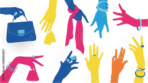 Diverse Hands Reaching Out in Various Colors and Accessories
