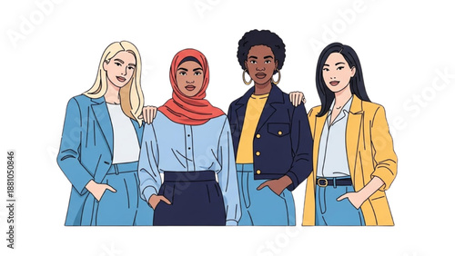 Diverse group of women standing together in a friendly pose, showcasing unity and solidarity