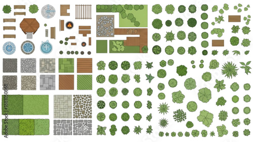 Collection of various green landscape elements and textures from different viewpoints