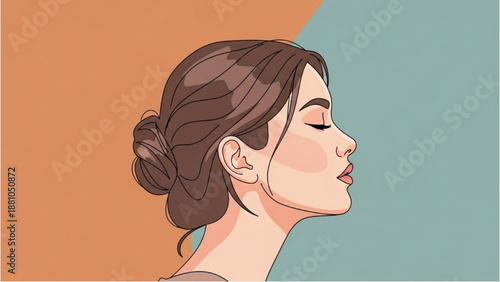 Serene illustration of a woman's profile with closed eyes, showcasing peaceful emotions and elegance in a minimalist style