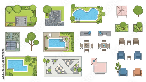 Outdoor furniture and garden designs illustrated in a graphic style from an overhead viewpoint showcasing various scenery and patio sets