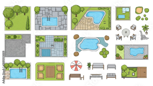 Collection of pool designs in various garden landscapes and layouts from an aerial viewpoint