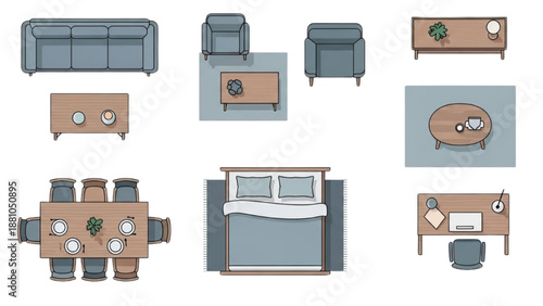 Furniture collection illustration featuring sofa, chair, bed, table, and desk in a modern living space from a top-down viewpoint