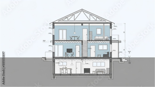 Detailed architectural cross-section of a modern residential building with annotated measurements from a side viewpoint