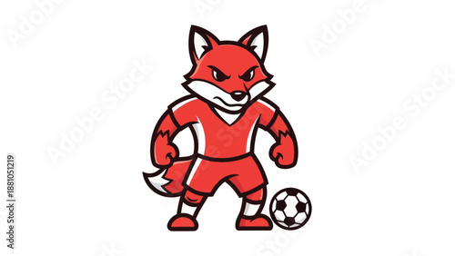 Cartoon fox character in red uniform with soccer ball on white background