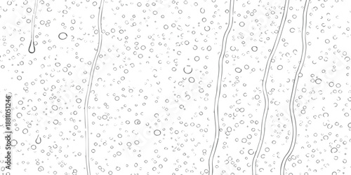 Simple black and white line art illustration featuring raindrops and water streams on a glass surface