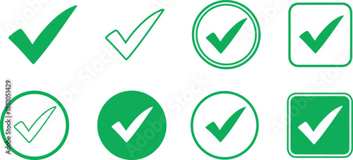 Collection of green checkmark icons in various shapes and styles