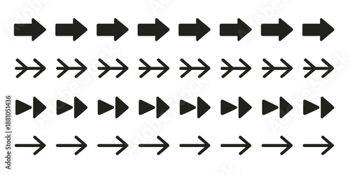 Collection of black right pointing arrows in various styles and sizes on white background, designed for navigation, direction indicators, user interface elements, web graphics, and visual guidance con