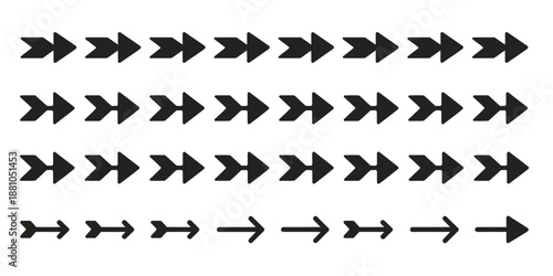 Collection of black right pointing arrows in various styles and sizes on white background, designed for navigation, direction indicators, user interface elements, web graphics, and visual guidance con