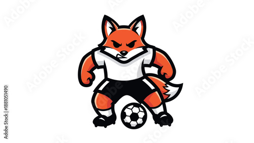 Cartoon fox character in soccer uniform with ball on white background