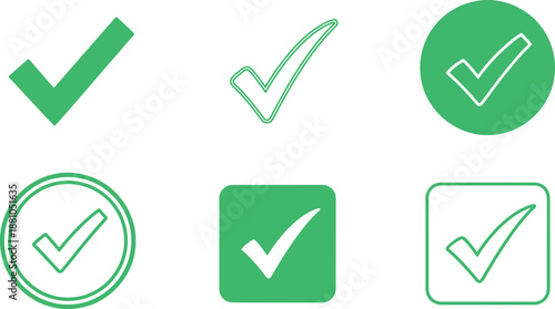 Collection of green checkmark icons in various shapes and styles
