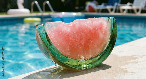 Frozen watermelon slice made of pink ice and green glass melting at swimming pool