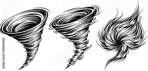 Tornado and whirlwind storm illustration set with swirling wind vortex and abstract hurricane shapes black vector design