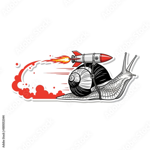 Snail wearing rocket pack blasting off into space quickly