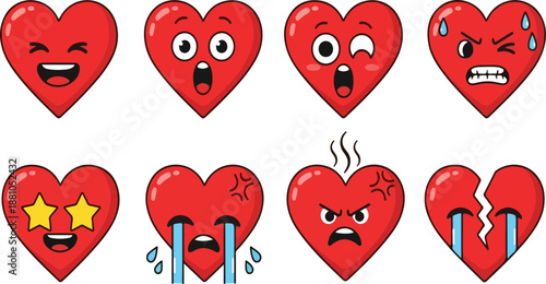 Collection of adorable red heart shaped emotion icons expressing various feelings like joy surprise anger sadness and love on transparent background