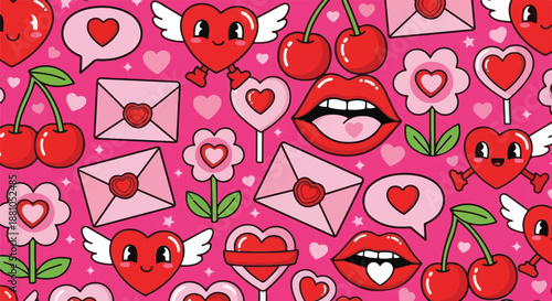 Adorable cartoon pattern featuring happy winged hearts cherries sealed love letters and expressive open mouths on transparent background