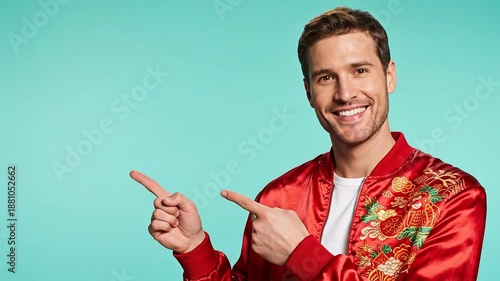 Smiling young man in vibrant red embroidered jacket on blue background