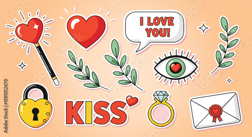 Collection of cute romantic doodle stickers featuring hearts magic wands love letters engagement rings and botanical elements on transparent background