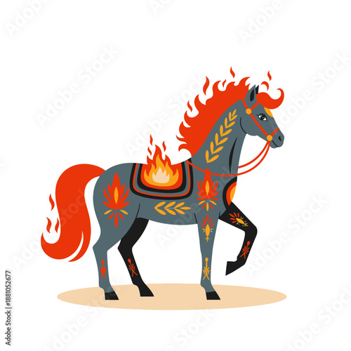 Illustration of a fiery horse with flames.