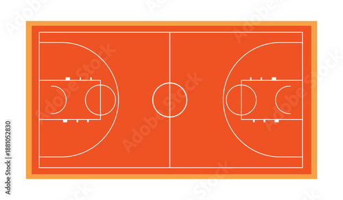 Overhead view of orange basketball court with white markings and light orange border on white
