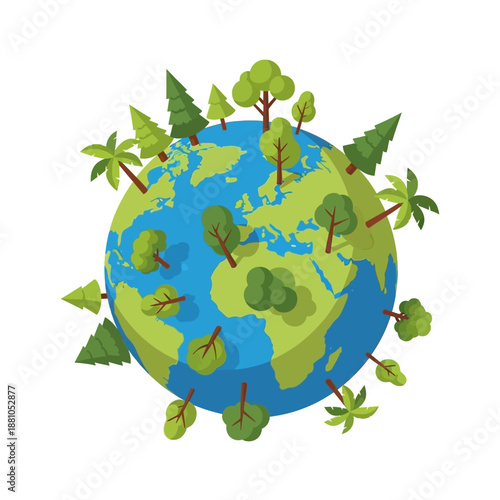 Illustration of Globe with Trees and Leaves.