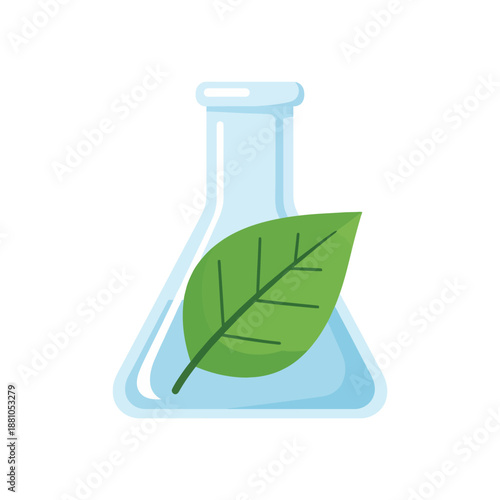 Laboratory Flask with Green Leaf Inside.