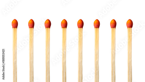 Eight lit matches lined up with orange flames ignited from wooden stems isolated on transparent background