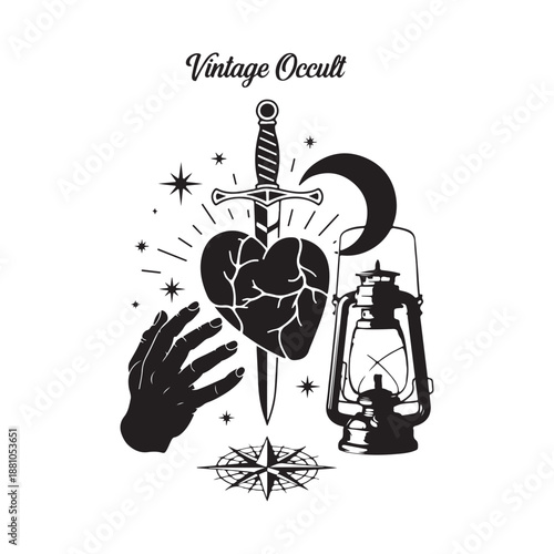 Vintage Occult Heart And Lantern Illustration