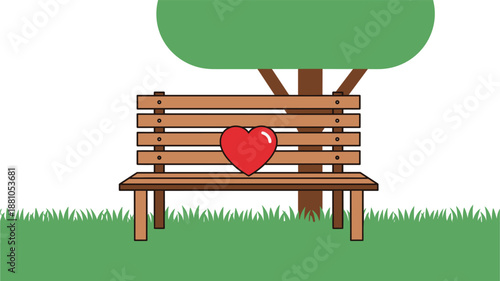 Bench and Heart under a Tree: A heart shaped image rests on a park bench under a tree, representing tranquility and love in nature.