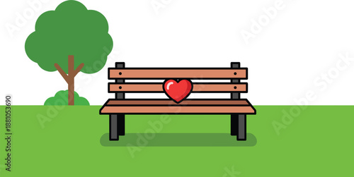 Love's Resting Place: A charming park bench, adorned with a symbolic heart, rests peacefully amidst the serenity of a lush green landscape.