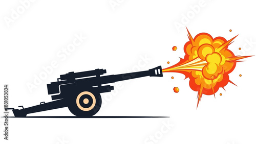 Cartoon cannon firing explosive shell with vibrant orange and yellow flames