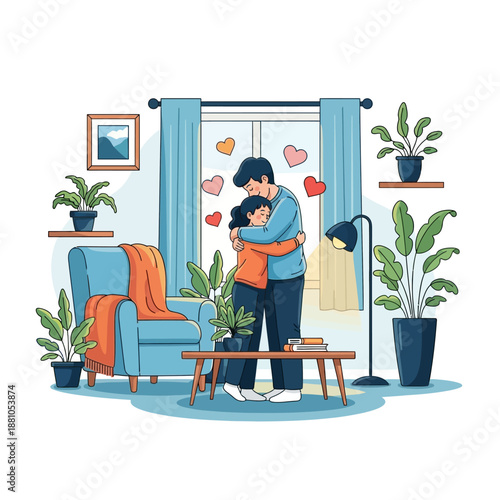 Man Hugging Little Girl Tenderly.