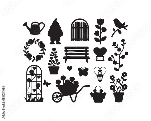 Garden ornaments and romantic elements silhouette vector illustration set for outdoor decor and craft projects