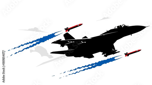 Military jet flying with missiles and afterburner trails